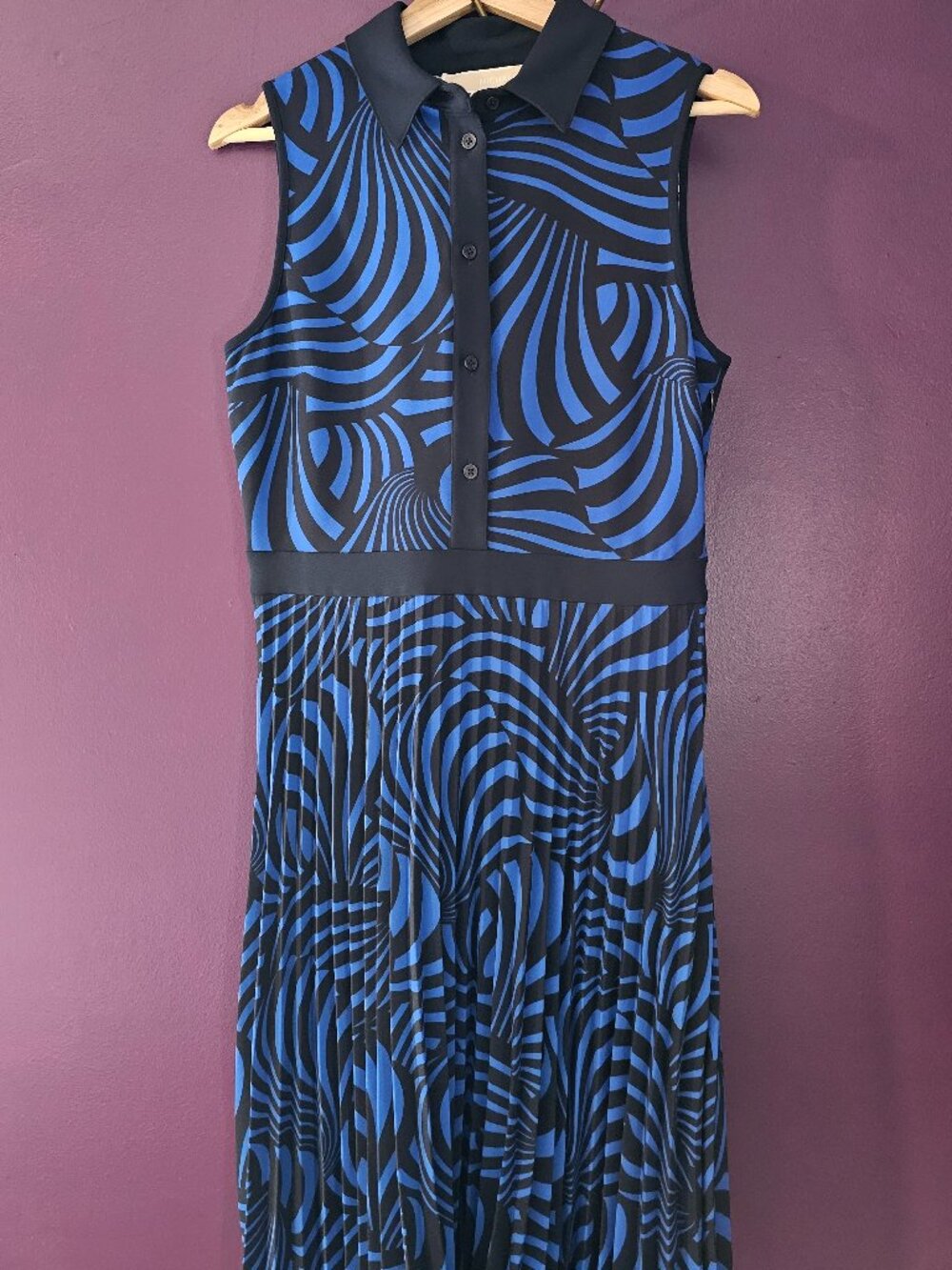 Michael Kors NWT Blue Black Pleated Geometrical Collared Dress 12